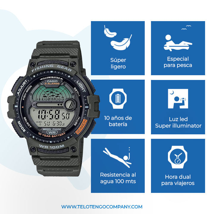 reloj original para hombre marca casio fishing WS-1200H-3AVCF reloj para pesca
