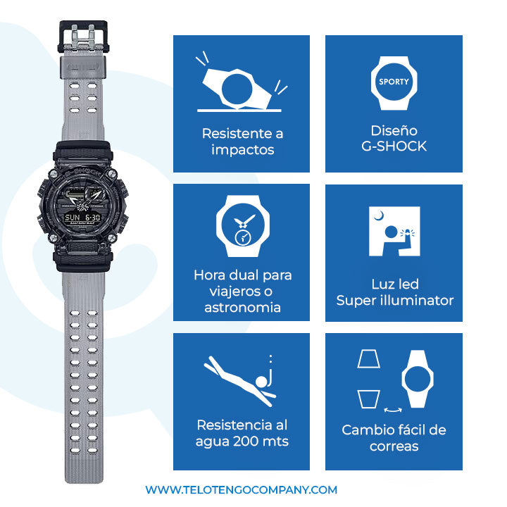 funciones reloj casio g shock GA-900SKE-8ADR resistente a impactos hora mundial resistencia al agua dualtime super luminator
